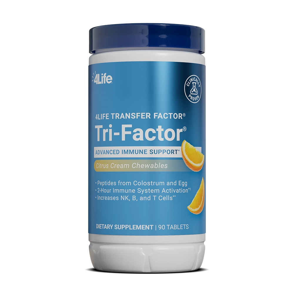 4Life Transfer Factor Tri-Factor Citrus Cream Chewables bottle, 90 tablets